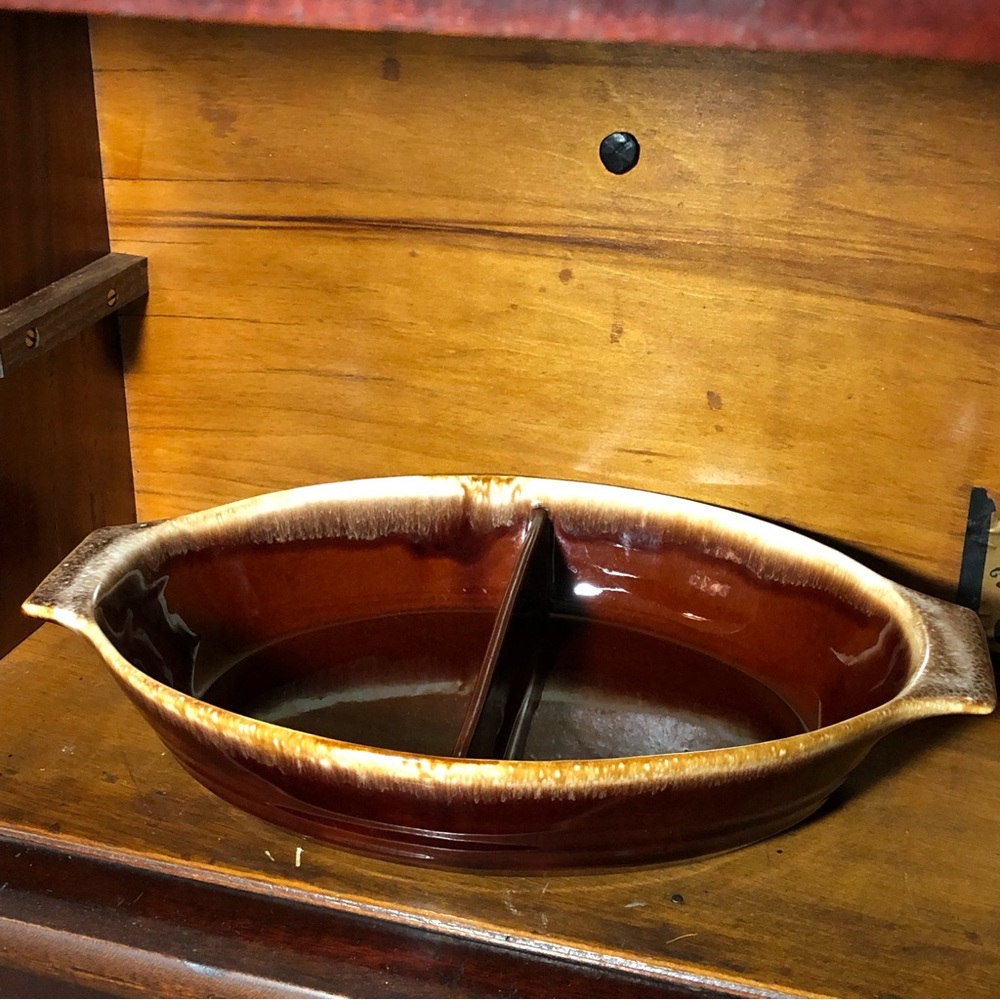 Vintage McCoy 1835 Brown Drip Pottery Divided Handled 12.5” Serving Dish